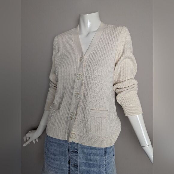 Vintage Cream Cable Knit Cardigan Women’s Petite M Minimal Cotton Pockets - Picture 1 of 10